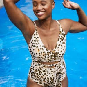 Aerie White Leopard Print Wrap Swimsuit